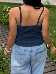 GalTyme Plus Size Summer Casual Solid Color Asymmetrical Hem Cami Top - Navy Blue - View 2