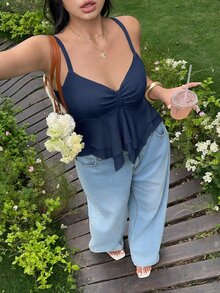 GalTyme Plus Size Summer Casual Solid Color Asymmetrical Hem Cami Top - Navy Blue - View 6