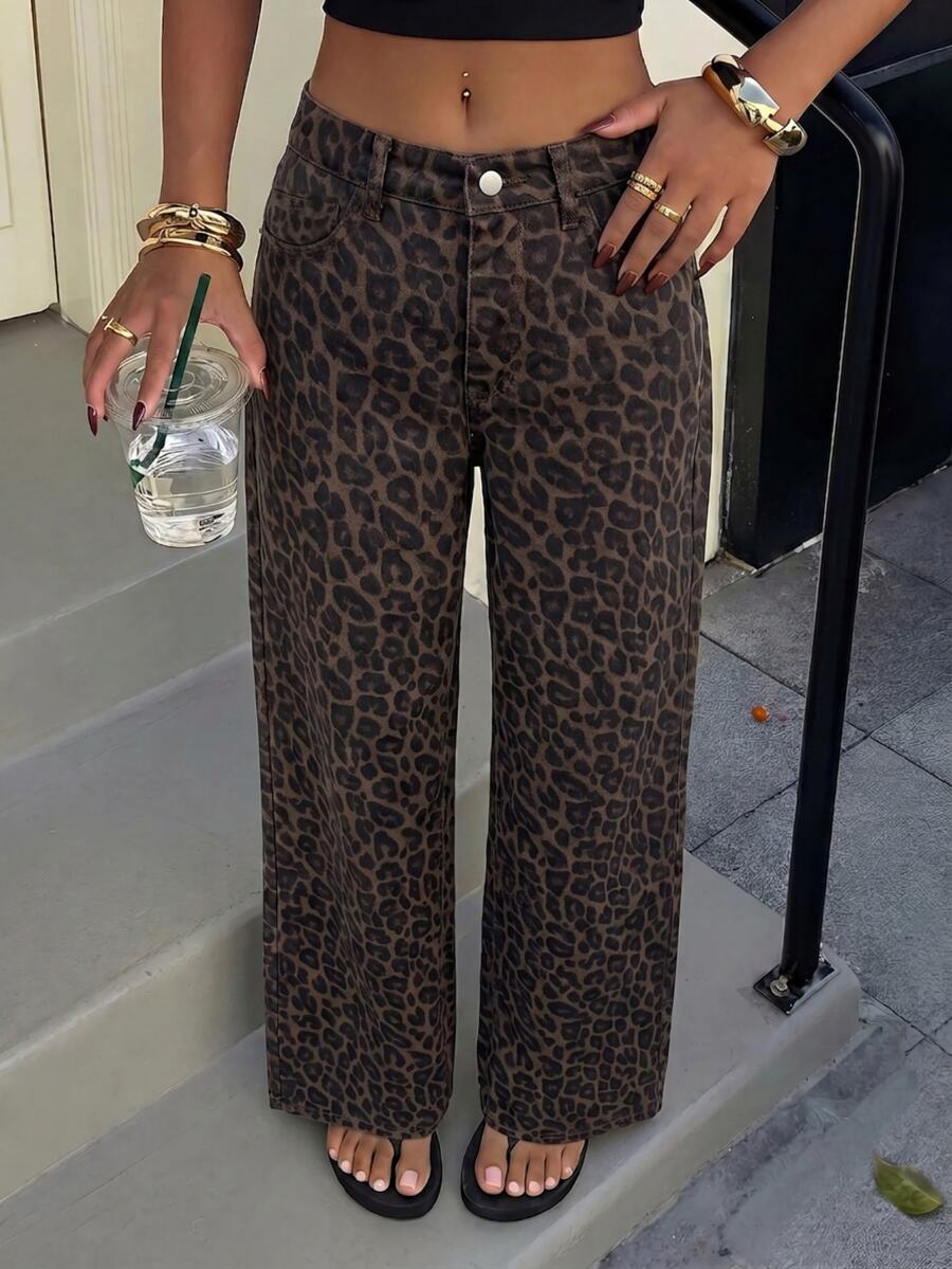 SHEIN Tall بنطلون جينز نسائي بطبعة نمر وأزرار وجيوب