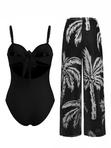 Swim Oasis Women's Black Summer Casual Beach Vacation Crossover Strap Stone Decor One-Piece Swimsuit & Coconut Tree Print Long Pants 2pcs Holiday Swimwear Set - Multicolor - View 2