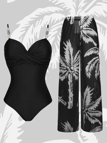Swim Oasis Women's Black Summer Casual Beach Vacation Crossover Strap Stone Decor One-Piece Swimsuit & Coconut Tree Print Long Pants 2pcs Holiday Swimwear Set - Multicolor - View 1