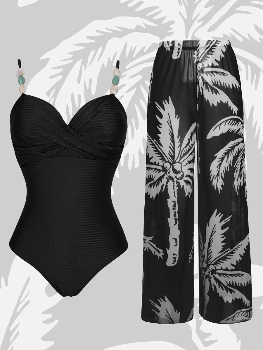 Swim Oasis Women's Black Summer Casual Beach Vacation Crossover Strap Stone Decor One-Piece Swimsuit & Coconut Tree Print Long Pants 2pcs Holiday Swimwear Set - Multicolor - View 1