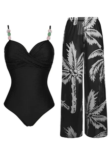 Swim Oasis Women's Black Summer Casual Beach Vacation Crossover Strap Stone Decor One-Piece Swimsuit & Coconut Tree Print Long Pants 2pcs Holiday Swimwear Set - Multicolor - View 5