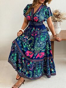Ceyna 大尺碼女款夏季波西米亞印花度假休閒洋裝，飄逸袖收腰設計，大傘擺長裙深V領，修身上半身正式海軍藍 - 彩色 - 查看 3