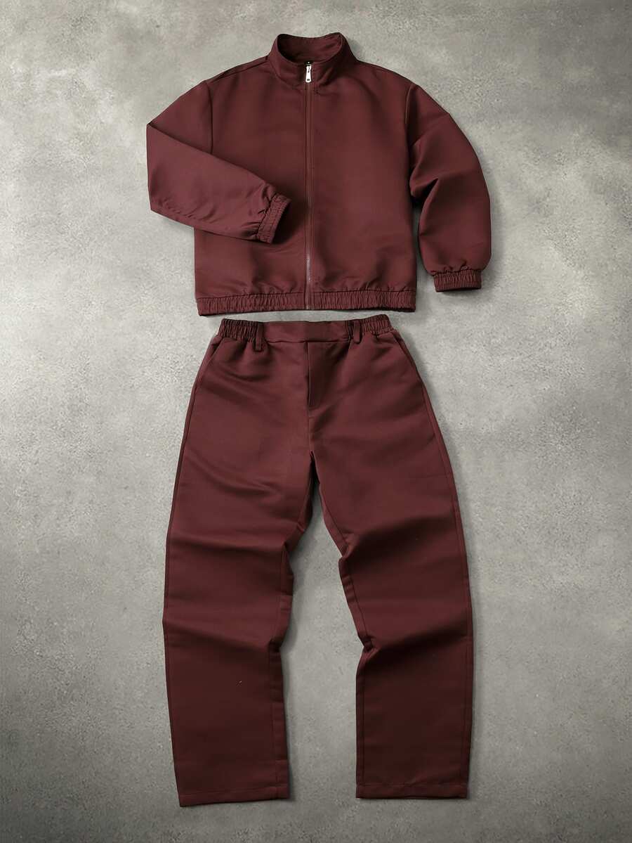 Manfinity CasualCool 男士休閒百搭純色夾克外套與長褲套裝 - 酒紅色 - 查看 1