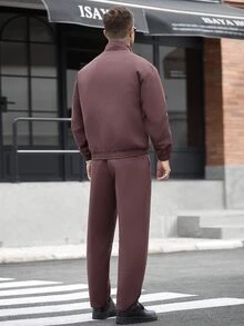 Manfinity CasualCool 男士休閒百搭純色夾克外套與長褲套裝 - 酒紅色 - 查看 2