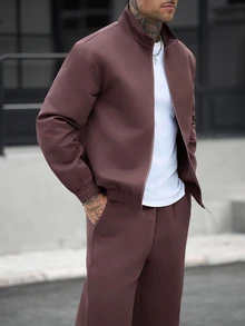 Manfinity CasualCool 男士休閒百搭純色夾克外套與長褲套裝 - 酒紅色 - 查看 3