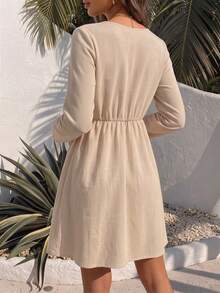 SHEIN Holidaya 時尚新款蕾絲拼接束腰蝴蝶結肩帶女裝洋裝 春夏秋冬 外出穿搭 度假鄉村熱帶海灘風 - 卡其色 - 查看 3