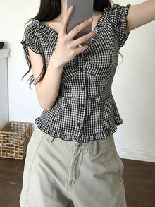 K-Vae Women's Sweet & Spicy Black And White Plaid Ruffle Blouse With Ruffle Hem And Cinched Waist - Multicolor - View 5