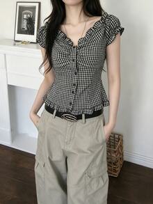 K-Vae Women's Sweet & Spicy Black And White Plaid Ruffle Blouse With Ruffle Hem And Cinched Waist - Multicolor - View 3