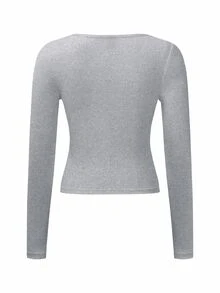 SHEIN Unity Camiseta de manga larga de unicolor para mujer, primavera y otoño - Gris Claro - Ver 2