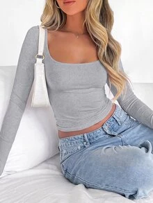 SHEIN Unity Camiseta de manga larga de unicolor para mujer, primavera y otoño - Gris Claro - Ver 4