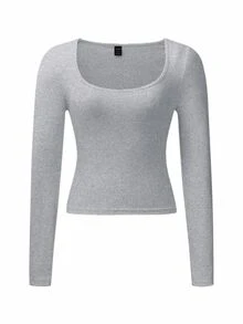SHEIN Unity Camiseta de manga larga de unicolor para mujer, primavera y otoño - Gris Claro - Ver 7