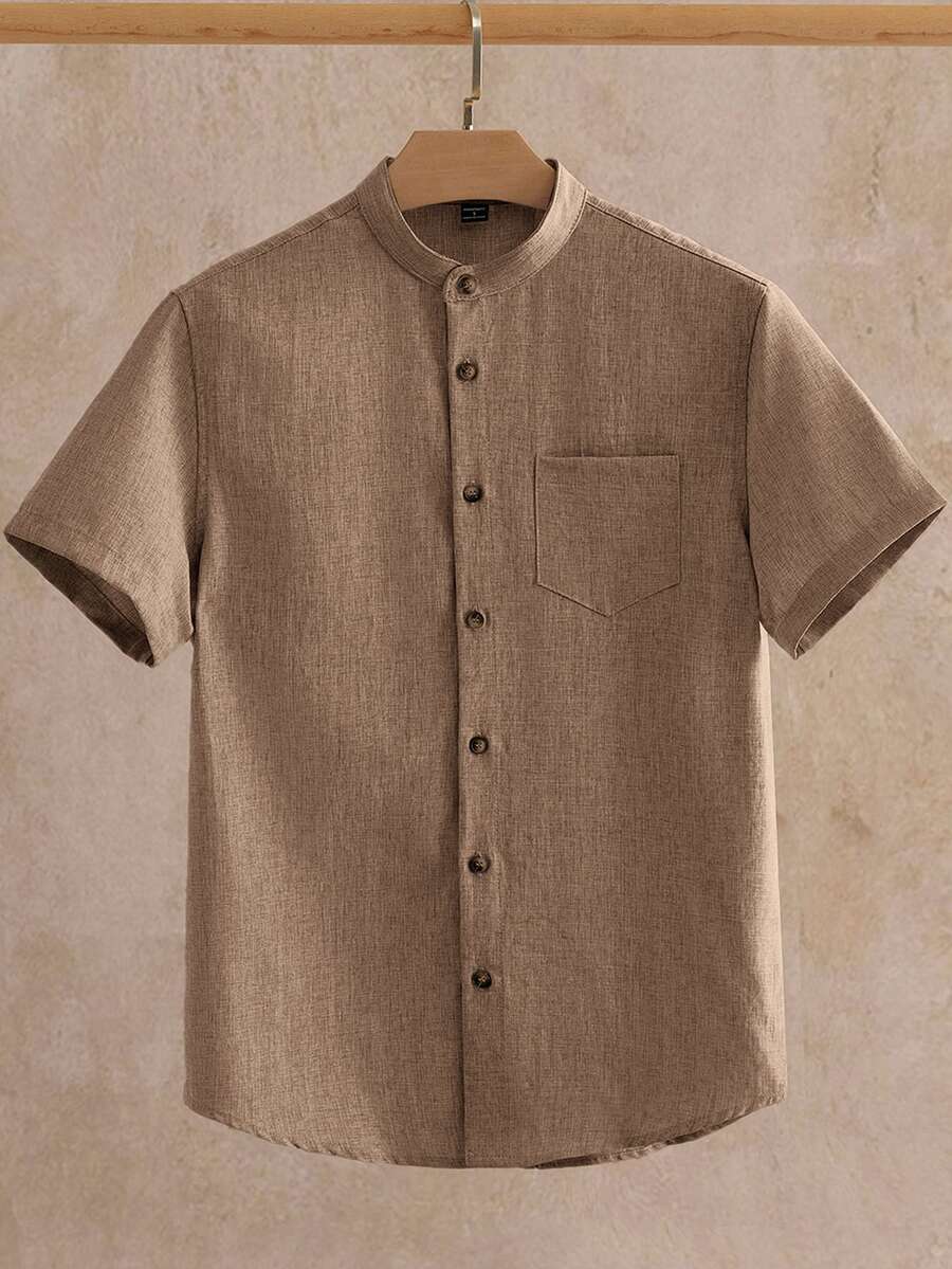 HIMLAND Men's Casual Pocket Single-Breasted Short Sleeve Shirt For Daily Wear - Brown - View 1