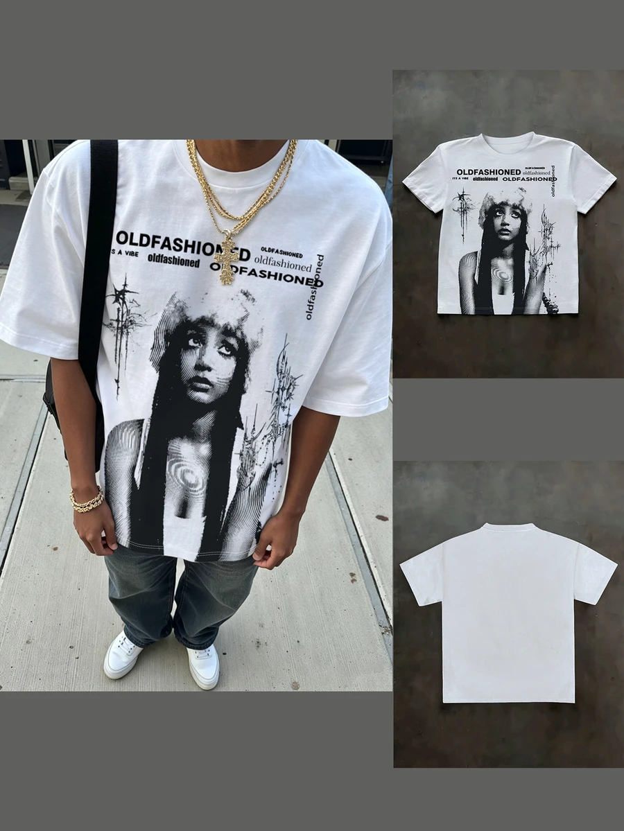 IslaSuriya Street Style Short Sleeve T-Shirt, Men's Streetwear, Portrait Graphic Tee - White - View 1
