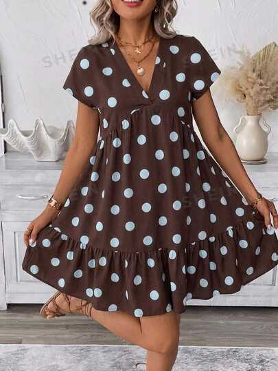 SHEIN LUNE Abito casual minimalista da donna, adatto per l'estate, versatile per uso quotidiano, abbinabile a tutto, outfit da appuntamento con pois marroni, outfit da pendolarismo, outfit da spiaggia, outfit da vacanza, outfit estivo da donna