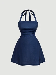 SHEIN MOD Plus Size Deep Blue Pleated Halter Neck Tie Strap Dress Elegant Commute - Navy Blue - View 4
