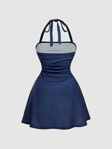 SHEIN MOD Plus Size Deep Blue Pleated Halter Neck Tie Strap Dress Elegant Commute - Navy Blue - View 3