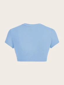SHEIN ICON 休闲纯色圆领短袖修身短款女式T恤，适合夏季 - 淺藍色 - 查看 2