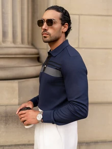 YOUESAWY YOUESAWY 1 buah Kemeja Polo Pria Kasual Polos dengan Kancing Depan, Lengan Panjang, Cocok untuk Musim Semi & Gugur, Untuk Musim Gugur - Navy Blue - View 5