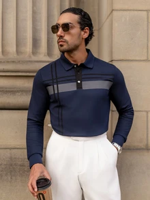 YOUESAWY YOUESAWY 1 buah Kemeja Polo Pria Kasual Polos dengan Kancing Depan, Lengan Panjang, Cocok untuk Musim Semi & Gugur, Untuk Musim Gugur - Navy Blue - View 3