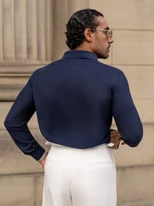 YOUESAWY YOUESAWY 1 buah Kemeja Polo Pria Kasual Polos dengan Kancing Depan, Lengan Panjang, Cocok untuk Musim Semi & Gugur, Untuk Musim Gugur - Navy Blue - View 2