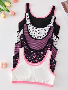 5-Piece Tween Girl Round Neck Sleeveless Bras, Cute Pink And White Heart Striped Letter Bralettes, Winter School Girl Daily Wear Underwear - Multicolor - View 3