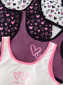 5-Piece Tween Girl Round Neck Sleeveless Bras, Cute Pink And White Heart Striped Letter Bralettes, Winter School Girl Daily Wear Underwear - Multicolor - View 6