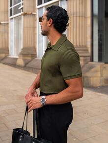 YOUESAWY YOUESAWY 男士純色夏季休閒時尚短袖 Polo 衫 羅紋 Polo 衫 正式款 - 軍綠色 - 查看 5