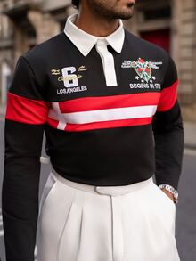 YOUESAWY YOUESAWY Aesthetic Post--Men's Striped & Letter Print Color Block Long Sleeve Polo Shirt Men's College Style Men Shirts Rugby For - Multicolor - View 4