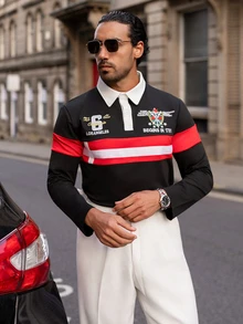 YOUESAWY YOUESAWY Aesthetic Post--Men's Striped & Letter Print Color Block Long Sleeve Polo Shirt Men's College Style Men Shirts Rugby For - Multicolor - View 3
