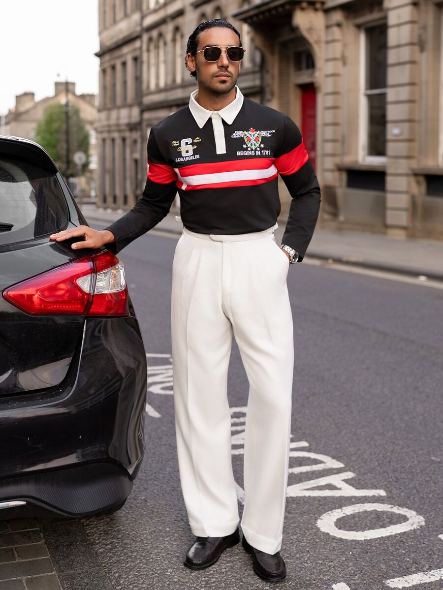 YOUESAWY YOUESAWY Aesthetic Post--Men's Striped & Letter Print Color Block Long Sleeve Polo Shirt Men's College Style Men Shirts Rugby For - Multicolor - View 1