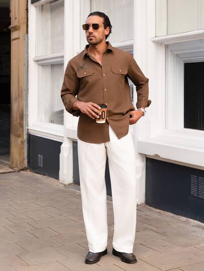 YOUESAWY YOUESAWY Men's Western-Style Brown Loose-Fit Floral Heat-Transfer Long-Sleeve Shirt,Autumn Casual Vacation Halloween Holiday Gift For Men, Formal
