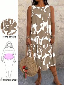 SHEIN LUNE CURVE 大码女式度假印花撞色无袖连衣裙，沙滩装 - 卡其色 - 查看 1