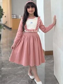 SHEIN Tween女孩休閒甜美荷葉邊拼接中長洋裝 秋冬穿搭 - 粉色 - 查看 7