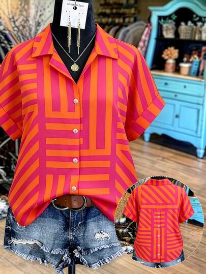 Linhara Plus Size Women's Summer New Orange Red Geometric Striped Open Front Shell Button Decor Design Open Back Casual Loose Blouse, Suitable For Daily Commute, Beach Vacation, Casual Outings