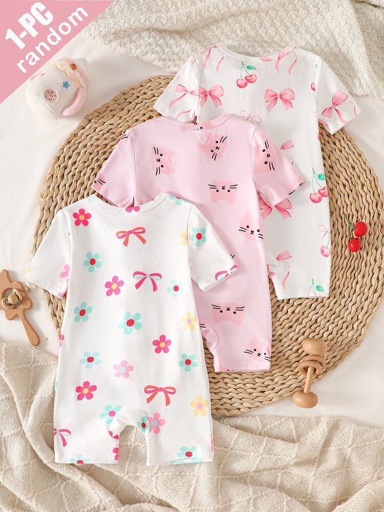 1pc Random Color Baby Girl Short Sleeve Shorts White Pink Romper Bowknot Cherry Blossom Flower Cat Cute All-Over Print Pattern Simple Casual High Elastic Comfortable Soft Zipper Home Wear Can Be Worn Out Summer Tight Pajama Set - Multicolor - View 2