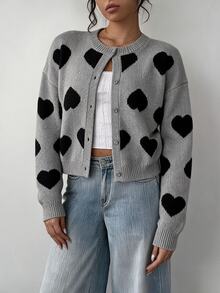 SHEIN 青少年女孩愛心圖案休閒百搭日常穿搭開襟衫 - 灰色 - 查看 5
