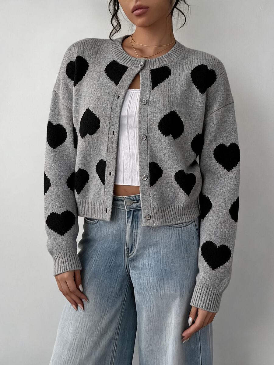 SHEIN Teen Girl Heart Pattern Casual Versatile Daily Wear Cardigan - Grey - View 1