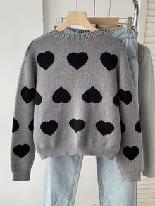 SHEIN 青少年女孩愛心圖案休閒百搭日常穿搭開襟衫 - 灰色 - 查看 2