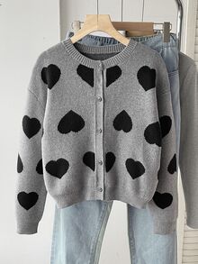 SHEIN 青少年女孩愛心圖案休閒百搭日常穿搭開襟衫 - 灰色 - 查看 1