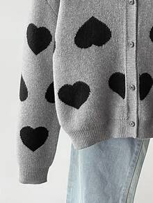 SHEIN 青少年女孩愛心圖案休閒百搭日常穿搭開襟衫 - 灰色 - 查看 3