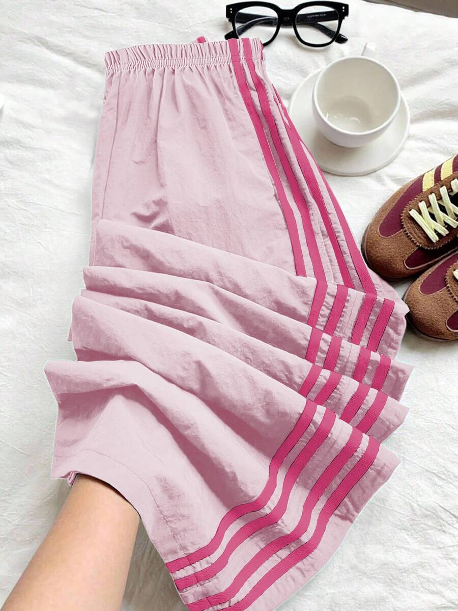Young Girl Casual Colorblock Striped Loose Pants Back-To-School Autumn - Pink - View 1
