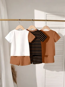 SHEIN 隨機1套 棕色拼色休閒時尚經典圓領短袖T恤與短褲套裝，校服 - 彩色 - 查看 2