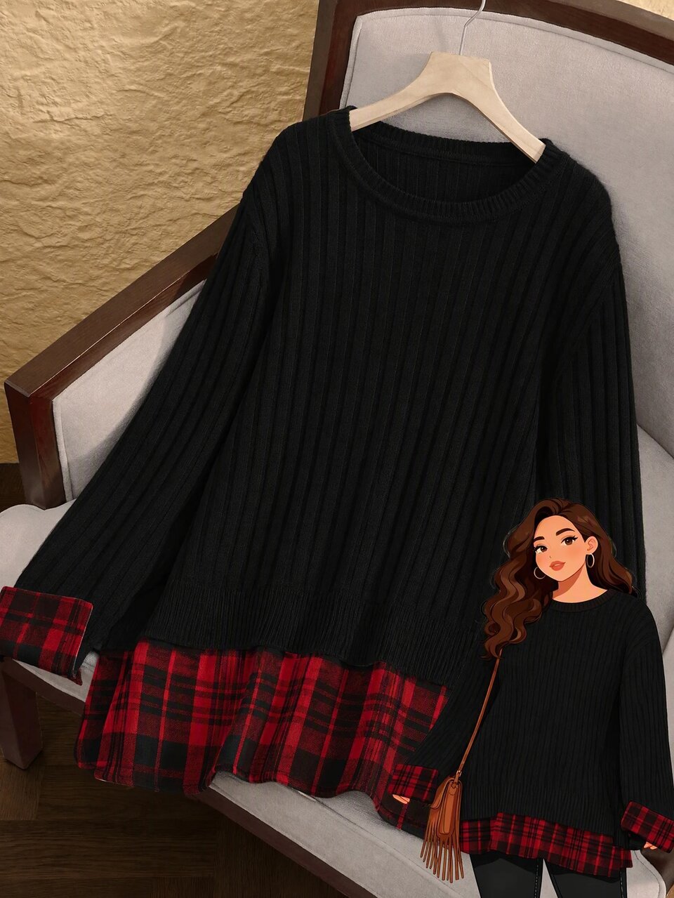 Plus Size Women's Plaid Patchwork Casual Daily Long Sleeve Sweater Winter