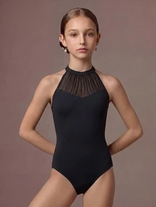 SHEIN Pakaian Anak Perempuan Remaja, Leotard Balet Hitam Klasik, Leher Tinggi yang Indah, Lucu, Sekolah, Kembali ke Sekolah Musim Gugur - Hitam - View 5