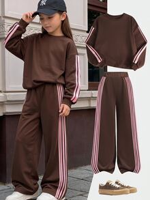 SHEIN 青少年女孩粉色膠帶裝飾棕色純色保暖寬鬆秋冬衛衣寬腿運動褲2件套 - 棕色 - 查看 10