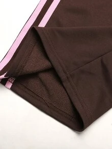 SHEIN 青少年女孩粉色膠帶裝飾棕色純色保暖寬鬆秋冬衛衣寬腿運動褲2件套 - 棕色 - 查看 9