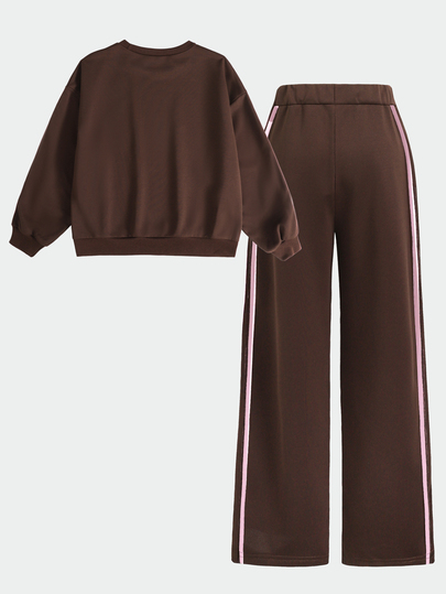 SHEIN Tween Girls Pink Tape Solid Brown Thermal Oversized Autumn Winter Sweatshirt Wide Leg Sweatpants 2pcs Set