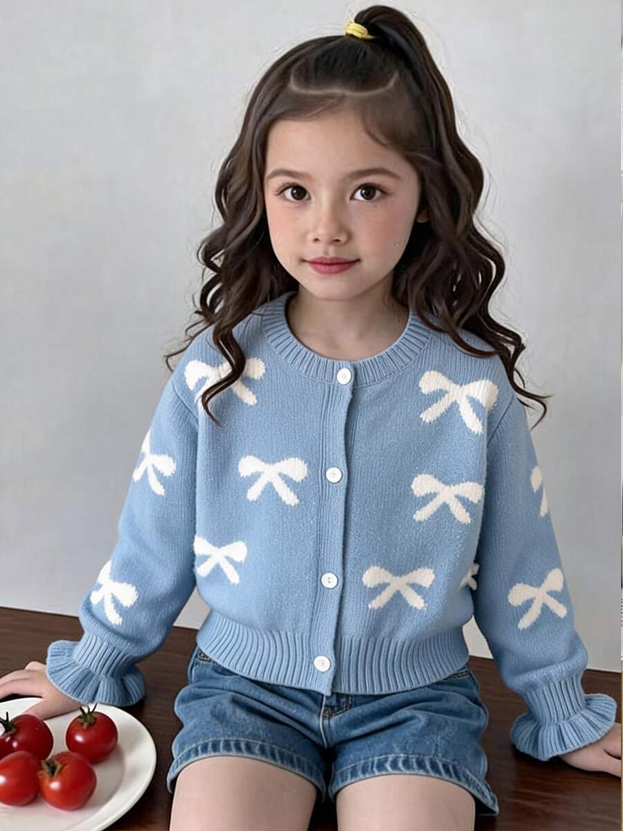 SHEIN YOUNG GIRLS 小女孩圓領開襟羊毛衫,藍色,蝴蝶結圖案,秋冬穿著 - 藍色 - 查看 1